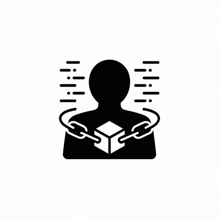 Black silhouette icon depicting a person holding a white cube connected by chains with speed lines on a white background. Minimalist vector graphic design.のイラスト素材