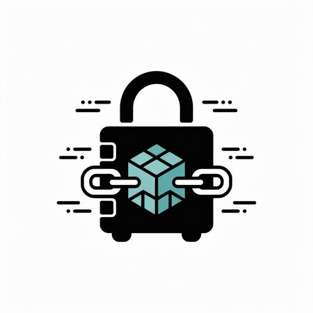 Minimalist vector illustration of a black padlock containing a teal cube secured by chains against a...