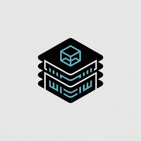 Isometric illustration of a black cube with teal lines representing a blockchain database server.  Simple, clean design on a light gray background.のイラスト素材