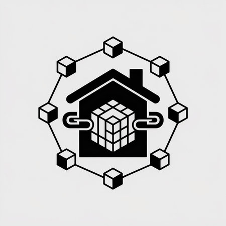 Minimalist black and white vector icon showing a house containing a 3D cube linked to surrounding smaller cubes forming a circular network.  Simple flat design.のイラスト素材