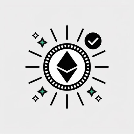 Minimalist vector illustration of an Ethereum coin icon encircled by rays and sparkles a teal...