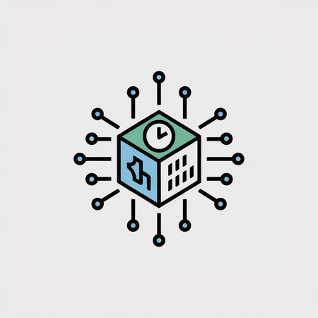 Isometric illustration of a light blue and green cube with a clock and data symbols connected to a network of small circles.  Clean lines and flat style.のイラスト素材