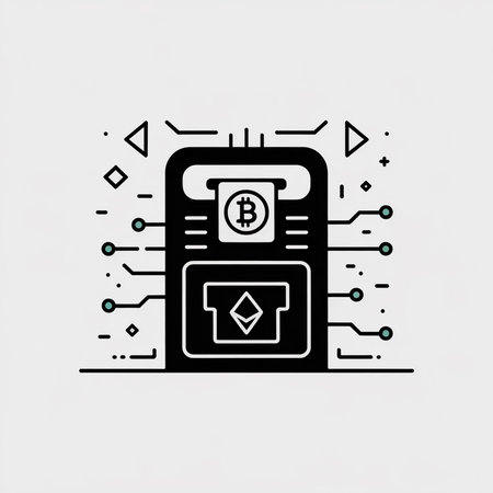 Black and teal minimalist vector illustration depicting a cryptocurrency exchange machine with Bitcoin and Ethereum symbols circuit board designのイラスト素材