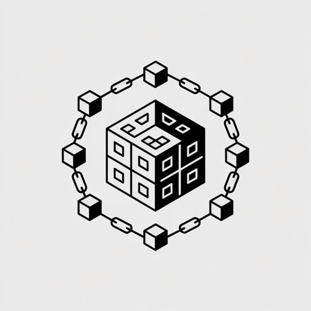 Isometric black and white cube with internal squares surrounded by a circular chain of smaller cubes on a light gray background simple vector graphicのイラスト素材