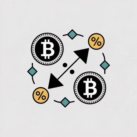 Two black Bitcoin coins with white B symbols are centrally positioned against a light gray background. Black arrows indicate exchange, surrounded by percentage symbols and teal geometric shapes.のイラスト素材