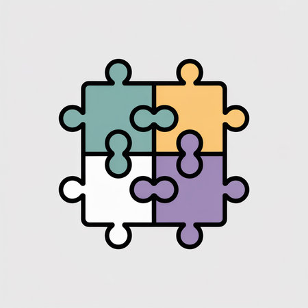 A minimalistic vector icon depicting four pastel colored puzzle pieces joined together to form a square The pieces are teal orange white and purple with black outlines on a light grey backgroundのイラスト素材