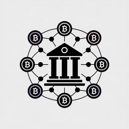 A simple black bank icon is centrally located within a circle connected to eight pastel-colored Bitcoin symbols by a network of black dots and lines.のイラスト素材