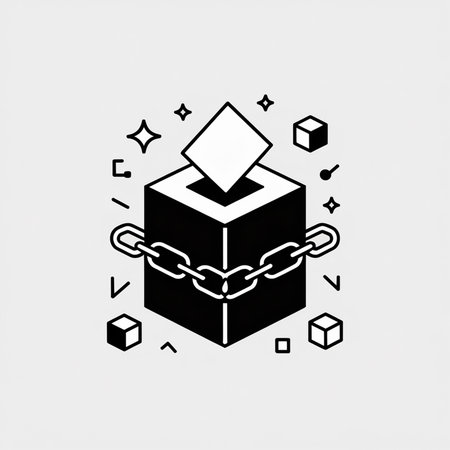 Minimalist black and white vector graphic depicting a cube ballot box secured by a chain a white diamond shaped ballot and small geometric shapesのイラスト素材