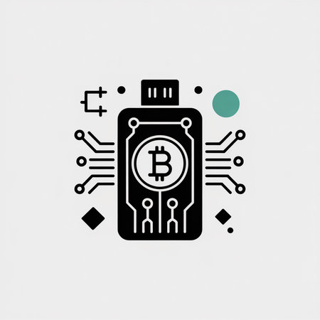 A minimalist black icon depicts a bitcoin hardware wallet with a circuit board design and USB...