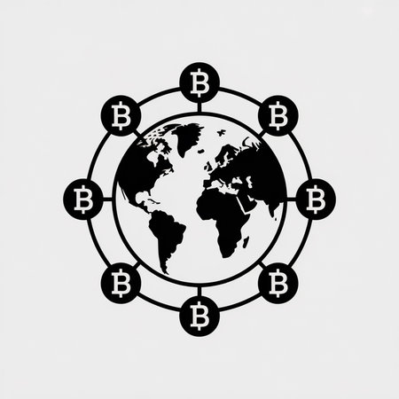A minimalist monochrome graphic depicts a black globe encircled by eight black Bitcoin symbols connected by thin lines against a white background.のイラスト素材