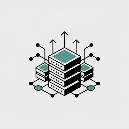 Minimalist isometric vector illustration featuring a teal and black server rack system with upward arrows suggesting data flow against a light gray backdrop.のイラスト素材