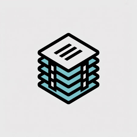 Isometric illustration of a stack of light blue documents with a white top sheet and a black...