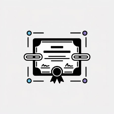 A black and white certificate icon features a simple line art style with light blue and purple accents.  The design includes a seal and ribbon.  Minimalist and clean aesthetic.のイラスト素材