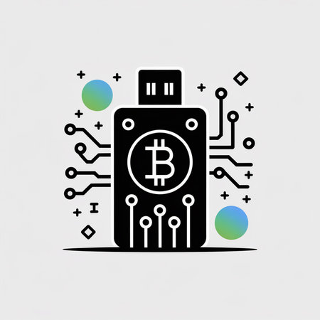 A minimalist black icon depicts a Bitcoin USB hardware wallet connected to circuitry elements against a light gray background.  Teal and green gradient circles and geometric shapes add visual interest.のイラスト素材