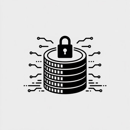 A minimalist black and white vector illustration shows a stack of data discs topped with a padlock...