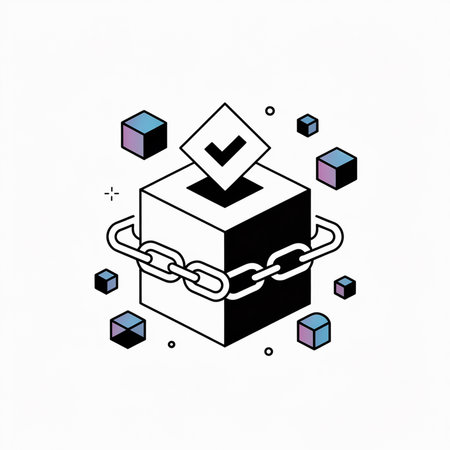 Isometric vector graphic depicting a ballot box encircled by a chain with small gradient cubes scattered around it. The ballot box is half black half white. A check mark is inside the box.のイラスト素材