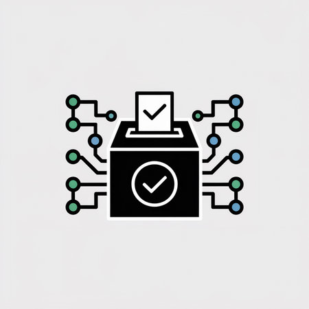 Black ballot box icon with checkmarks and teal green blue circuit connections on a light gray background simple minimalist styleのイラスト素材
