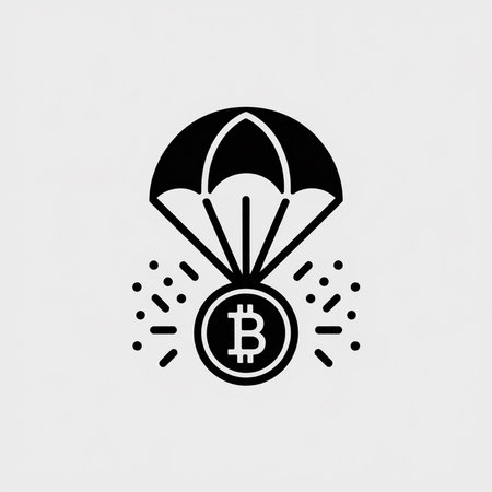 Black and white vector icon depicting a bitcoin coin gently descending under a parachute against a light gray background.  A burst effect surrounds the coin.  The style is minimalist and flat.のイラスト素材