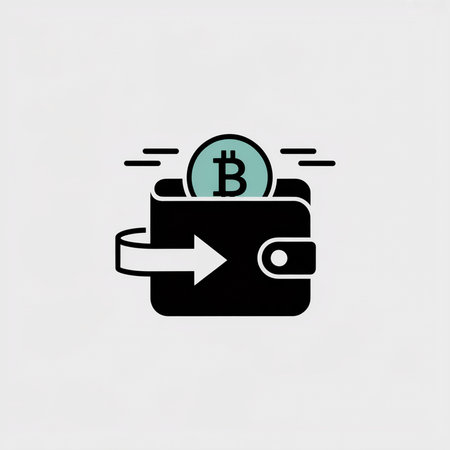 A minimalist illustration shows a black wallet with a teal bitcoin coin entering and a white arrow indicating transfer against a light gray backdrop.  The style is simple and flat.のイラスト素材