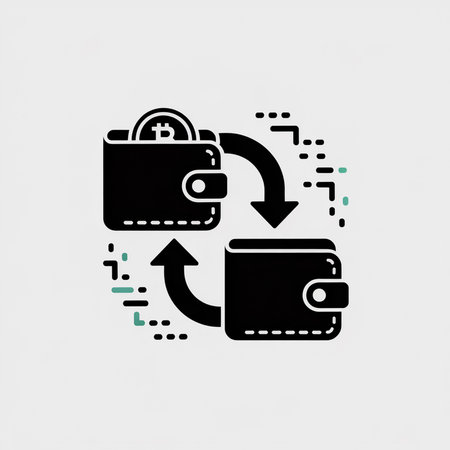 Two black wallets with a Bitcoin coin in one exchange currency via curved arrows against a light gray background with teal pixelated accents.のイラスト素材