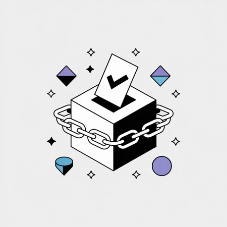 Isometric illustration of a black and white ballot box encircled by a chain a ballot with a check mark is being inserted geometric shapes in purple and blue are scattered aroundのイラスト素材