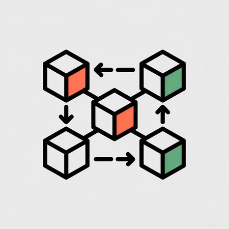 Six 3D cubes coral and seafoam green connected in a hexagonal network with arrows indicating data flow light gray background minimalist styleのイラスト素材