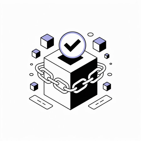 Isometric vector illustration featuring a black and white cube encircled by a chain link a check mark symbol on top small cubes and rectangles are scattered around the main elementのイラスト素材