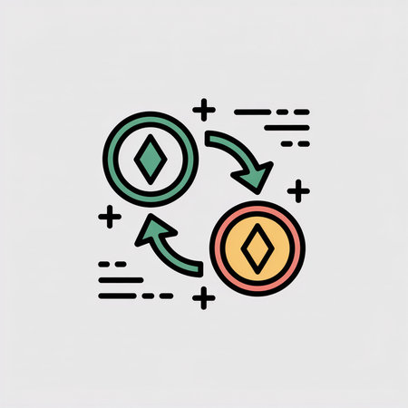 Two circular coins teal and orange with diamond symbols exchange via curved arrows plus and minus symbols on light gray background minimalist styleのイラスト素材