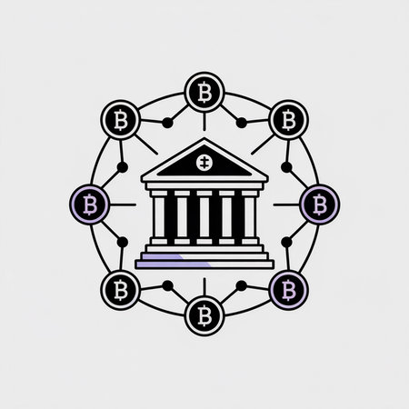 A minimalist black and white illustration depicts a classical bank building centrally located within a circle connected to eight Bitcoin symbols.  Thin lines link the symbols to the bank, creating a network effect. The style is simple and flat.のイラスト素材