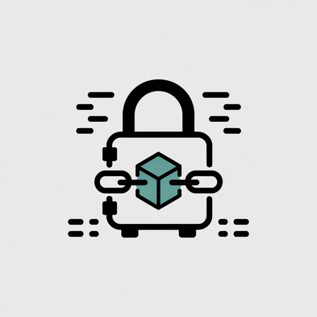A minimalist vector illustration shows a black padlock containing a teal cube linked by a chain against a white background motion lines suggest movementのイラスト素材