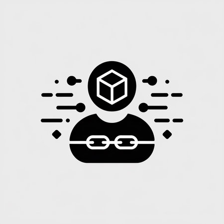 A black minimalist vector icon depicts a person with a cube inside their head encircled by a chain...