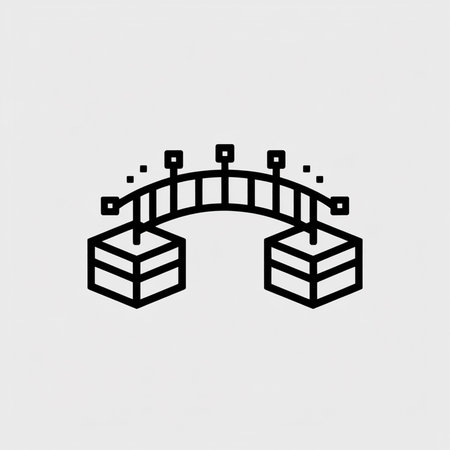 Black line art vector icon on a light grey background shows a simple bridge connecting two isometric cubes with small squares atop the arch.  The style is minimalist and geometric.のイラスト素材