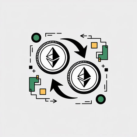Two black and white Ethereum coins with curved arrows indicating transfer on light gray background with green and orange geometric shapes and lines. Minimalist style.のイラスト素材