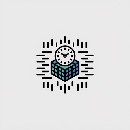 A minimalist vector illustration depicts a black-outlined clock on a teal and blue cube puzzle...