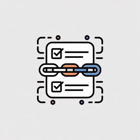 A simple flat design icon depicts a document with checkmarks linked by a chain featuring coral orange and blue links against a light gray background.のイラスト素材