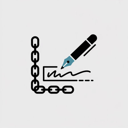 A minimalist illustration depicts a black fountain pen with a teal nib signing a document connected to a black chain.  The background is light grey.のイラスト素材