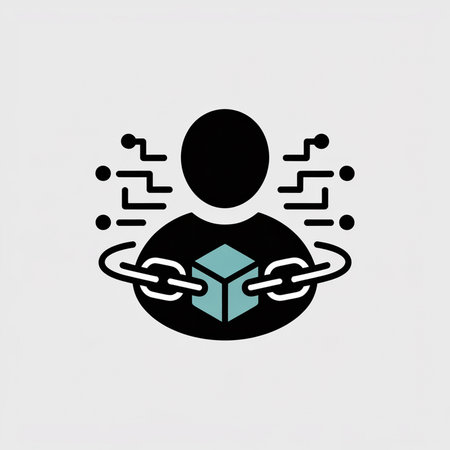 A simple black silhouette of a person holds a teal cube encircled by a chain link against a light gray background with a digital circuit pattern.のイラスト素材