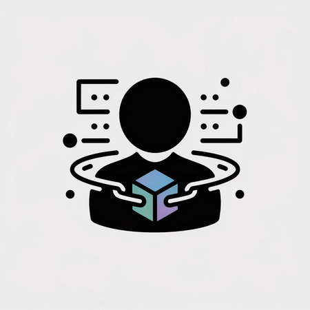 A simple black silhouette of a person holds a pastel-colored cube linked by chains against a light gray backdrop with minimalist technological elements.のイラスト素材