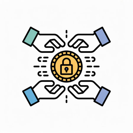 Minimalist line art illustration depicting four hands protecting a gold coin with a padlock icon inside.  The style is flat with muted colors.のイラスト素材