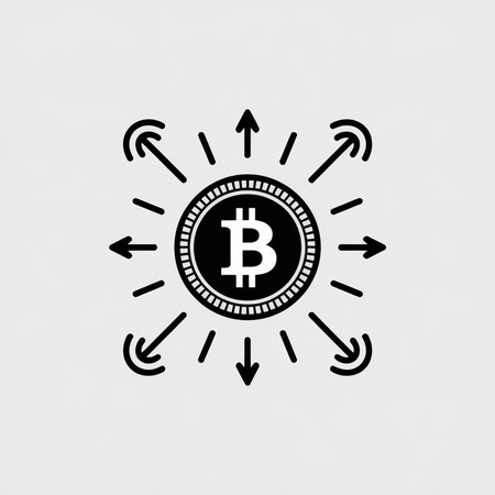 A simple black and white illustration depicts a Bitcoin coin at the center surrounded by arrows pointing inward and outward symbolizing cryptocurrency transactions.  The style is minimalist and graphic.のイラスト素材
