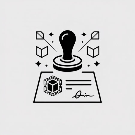 Monochrome vector illustration of a rubber stamp descending onto a document with a cube chain link design and signature.  Minimalist style.のイラスト素材