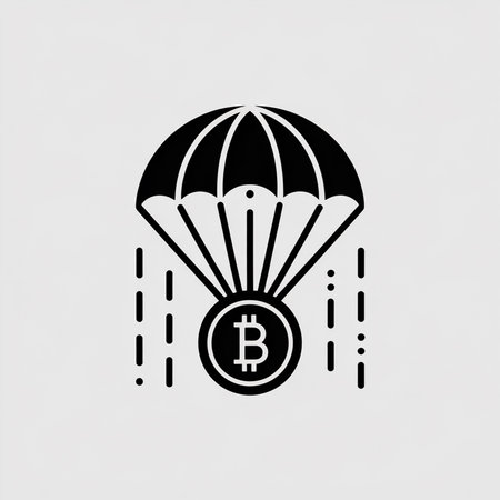 A simple black and white vector illustration depicts a bitcoin coin attached to a parachute descending against a light gray backdrop. The style is minimalist and flat.のイラスト素材