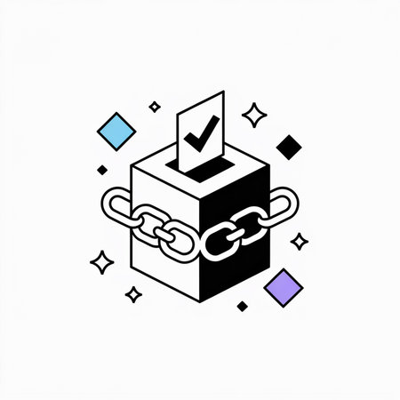 Isometric vector illustration of a ballot box bound by a chain a checked ballot paper is inserted light blue and purple geometric shapes are scattered aroundのイラスト素材