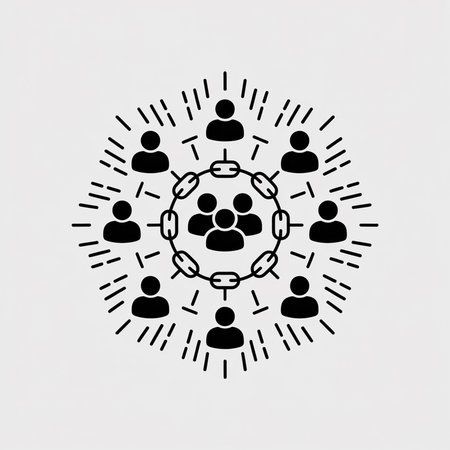 A minimalist black and white vector graphic depicts a circular network of interconnected people icons linked by a chain radiating lines creating a burst effect. Simple and symbolic.のイラスト素材