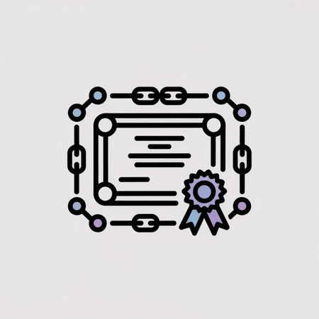 Minimalist vector illustration featuring a certificate surrounded by chain links a purple and blue...