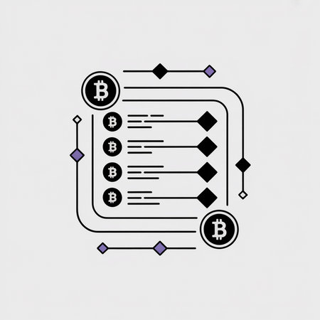 Minimalist vector illustration depicting a Bitcoin transaction flowchart in black white and purple featuring lines circles and squares against a light grey backgroundのイラスト素材