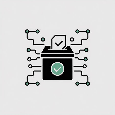 Black ballot box with green checkmarks surrounded by circuit board lines on a light gray background.  Minimalist style.のイラスト素材