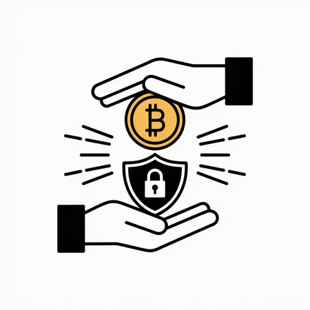 A minimalist vector illustration depicts two hands protecting a gold bitcoin coin with a black shield and padlock.  Radiating lines surround the central elements against a white background.のイラスト素材