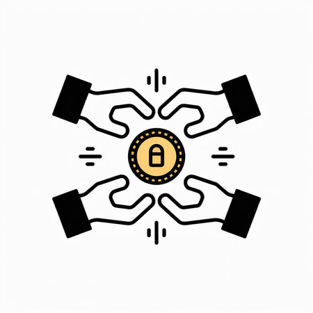 Four black hands surround a gold coin with a black padlock symbol against a white background simple flat design vector graphicのイラスト素材
