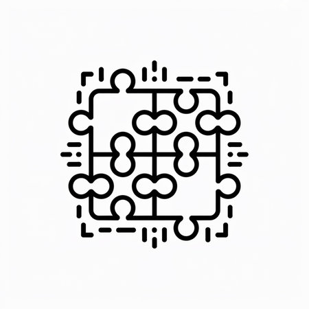 A minimalist black line art vector icon shows a square puzzle composed of interconnected double-lobed pieces arranged in a grid pattern within a dashed line border.のイラスト素材